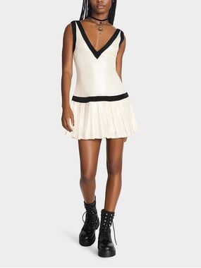 NWT Betsey Johnson Match Point Dress - Sequin Tennis Dress w/ Black Trim - M